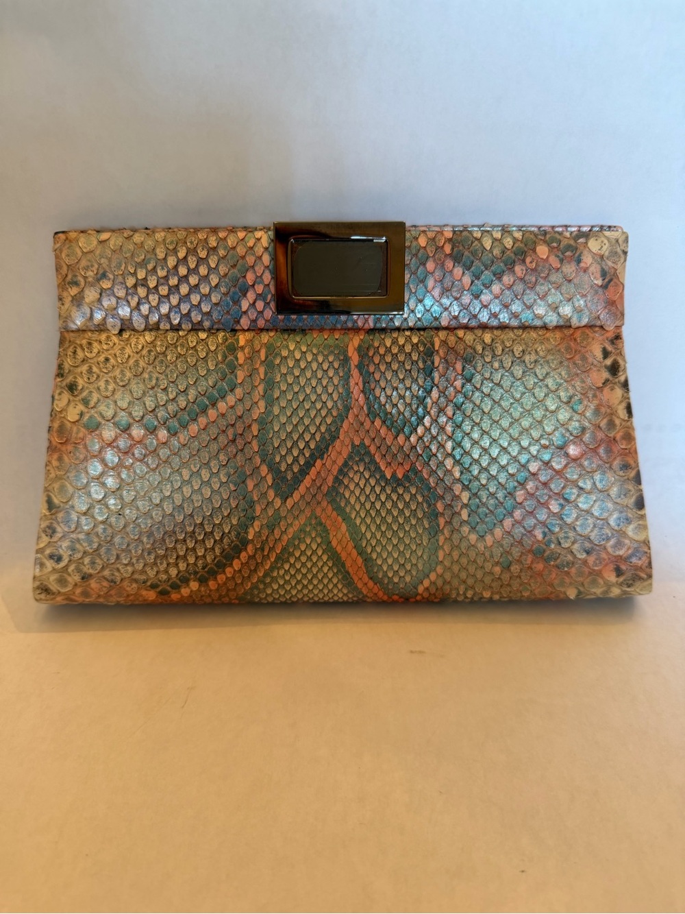 Iridescent Snake-Embossed Foldover Clutch - Multicolor